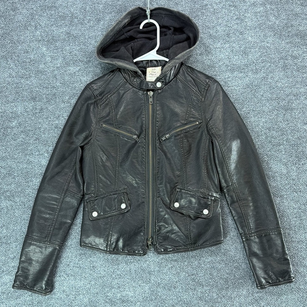 We The Free Free People Black Vegan Leather Hooded Moto Jacket XS Streetwear